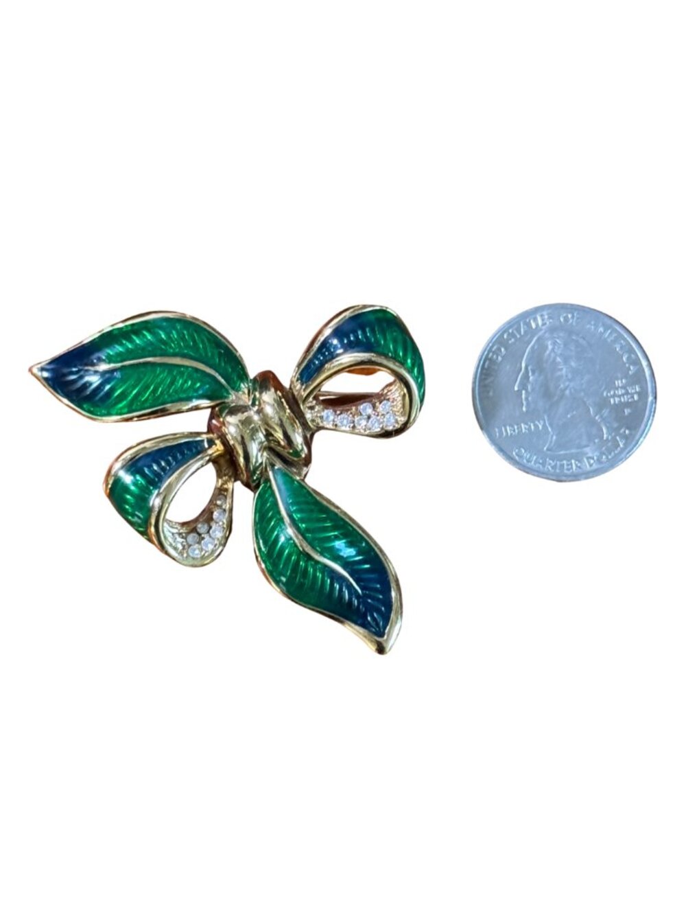 Vintage Green & Blue Guilloché Enamel Bow Brooch Gold Tone Rhinestone Pin - Picture 5 of 5